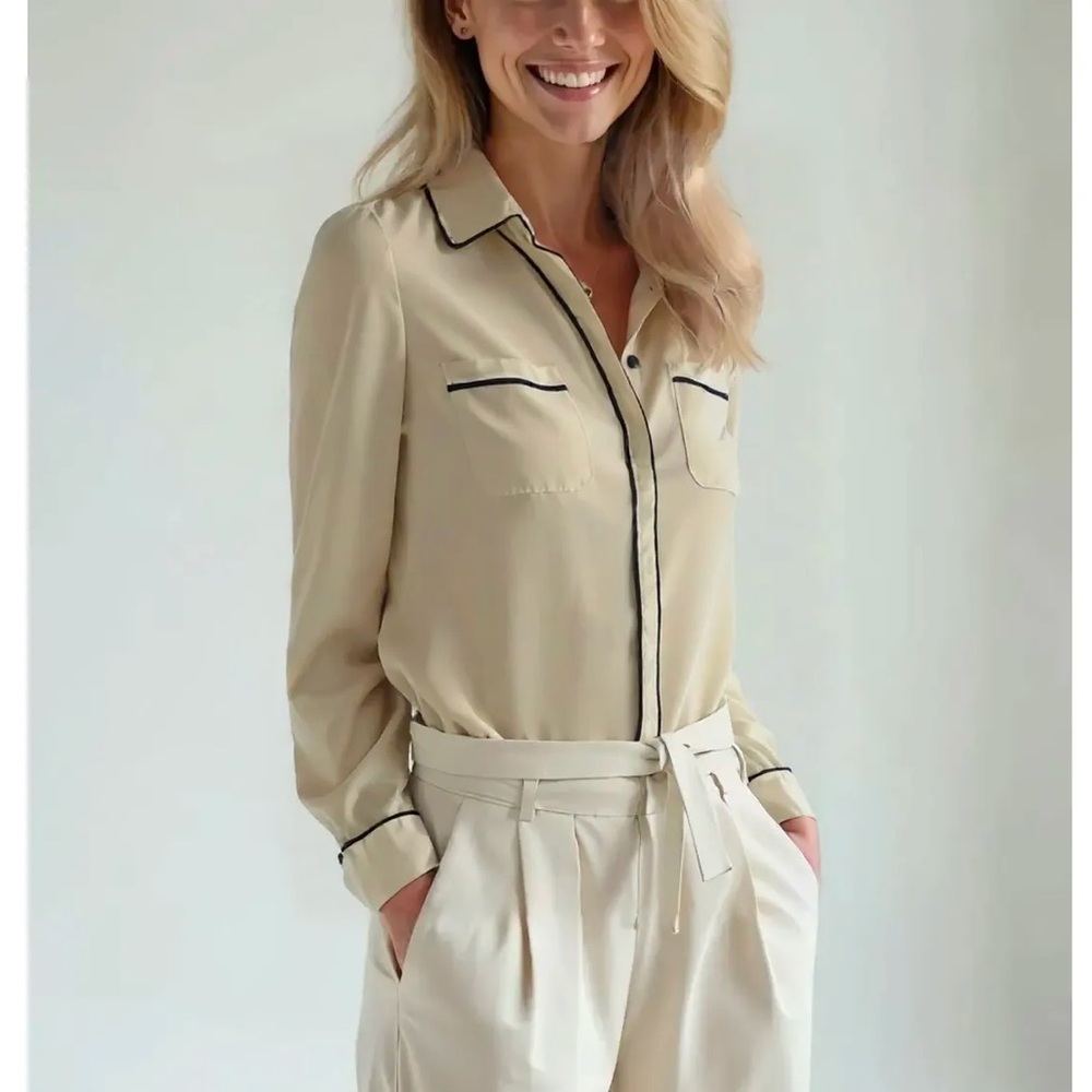 Anne Klein Cream and Black Casual Button Down Shirt - Picture 1 of 8